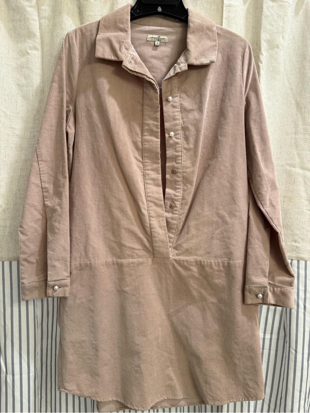 Cortland Park Pearl Button-Front Corduroy Tunic Shirt Dress in Sand